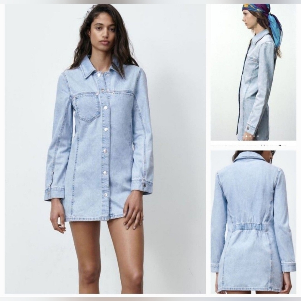 Zara Cotton Fitted Long Sleeves Button Down Denim Shirt Dress Light Wash Size S - Picture 15 of 15